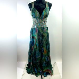 Jovani A-Line Sequins Gown Dress Size 4 100% Silk Peacock Design Multi Color
